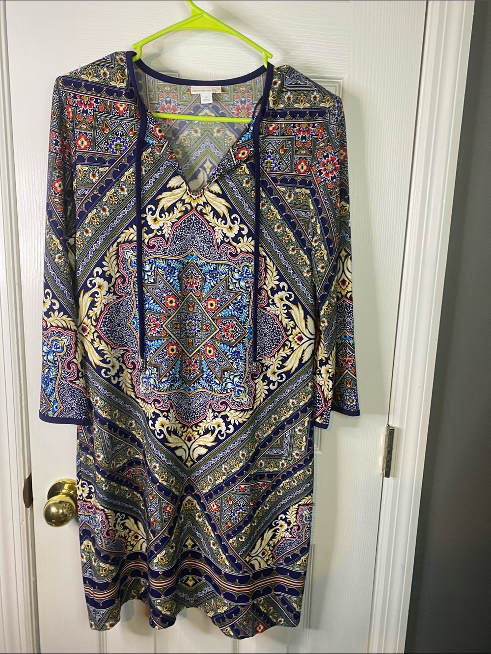 Westport Mosaic Print Midi Dress - Navy, Blue & Cream Long Sleeve Size 6.
